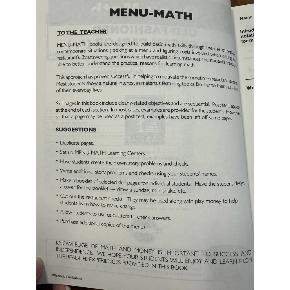 Menu‎ Math Old-Fashioned Ice Cream Parlor Grades 3-6 Workbook Remedia REM101A**